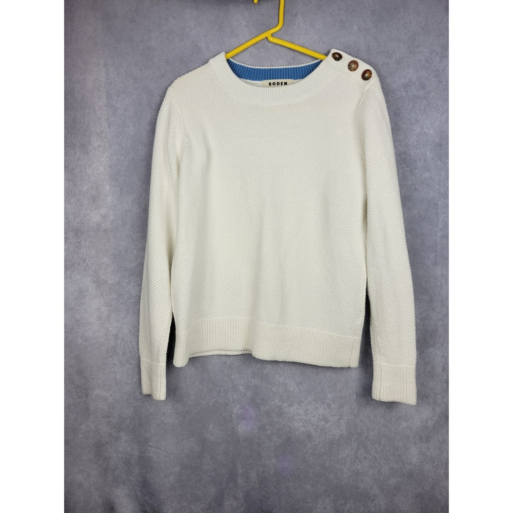 Boden White Textured Knit Sweater Button Shoulder Detail Blue Collar Size S